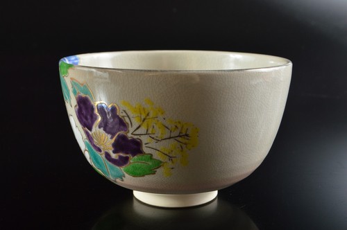Q5610: Japanese Kiyomizu-ware Gold paint Flower Muffle painting TEA BOWL - Picture 4 of 8