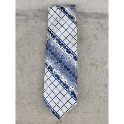 Vintage Mr John Beau Brummell Mens Wide Tie Blue White Geometric Filigree 70s