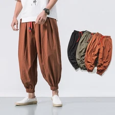 Men's Japanese Sweat Pants Casual Cotton Linen Stretch Elastic Trousers Jogger.