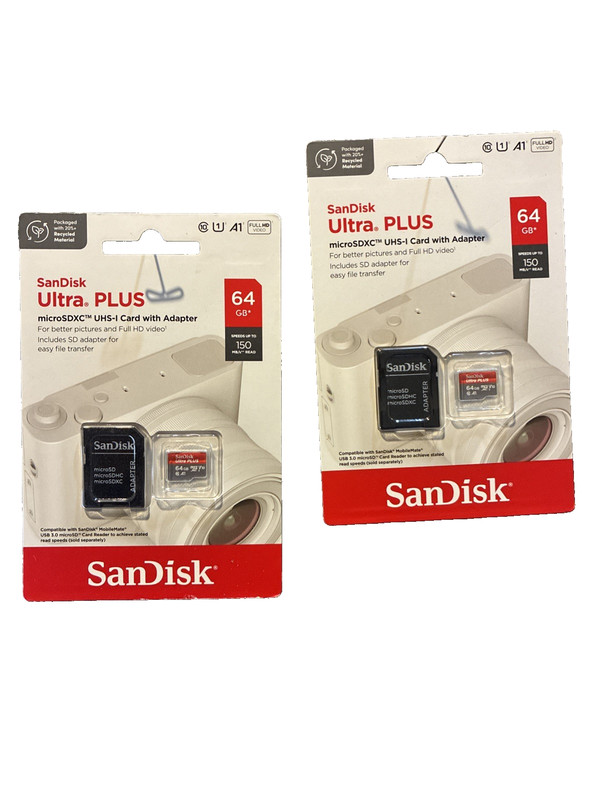 LOT OF 2 - SanDisk Ultra Plus  Card w/ Adapter - 64 GB - NEW -   (CU)