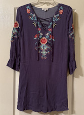 UMGEE Boho Navy Floral Embroidered Tunic Top/Dress Size Medium 