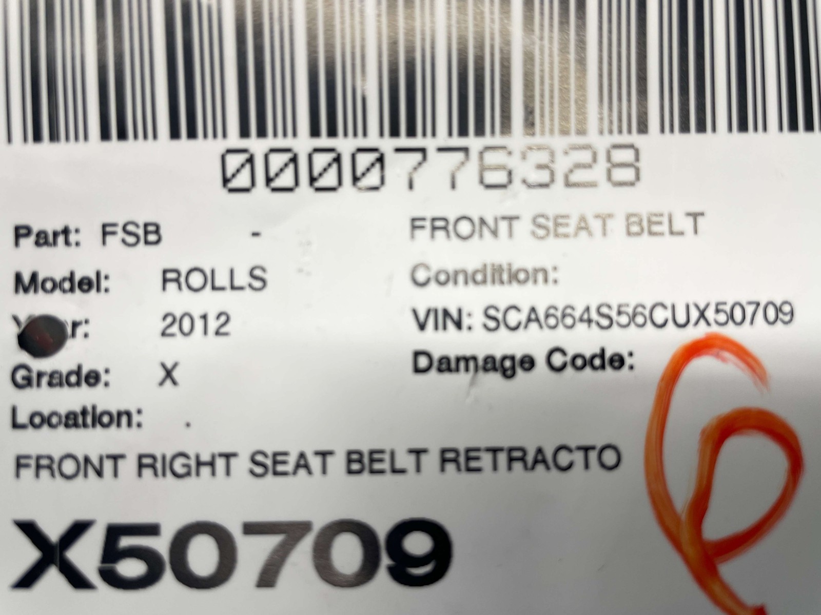 Rolls-Royce Ghost 2009-2014 Front Right Seat belt retractor Beige