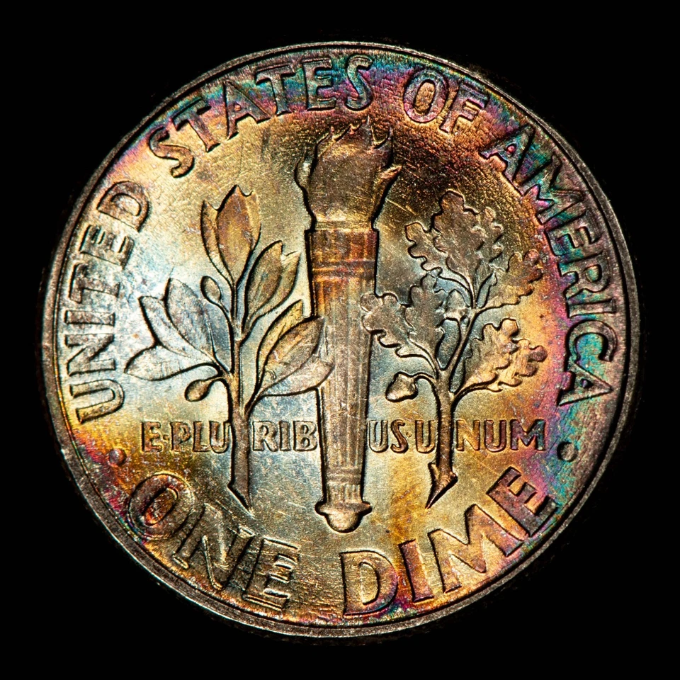 1959 10c Silver Roosevelt Dime - PQ Neon Rainbow Toning - BU - SKU-Z6337 - Image 4 of 4