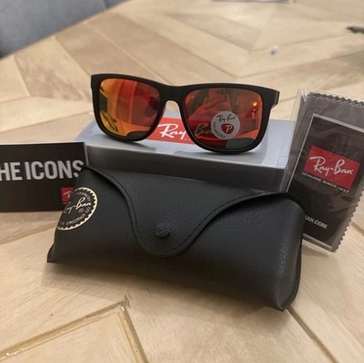 Ray Ban Justin Black Matte 4165 622/6Q Red Orange Mirrored Lenses