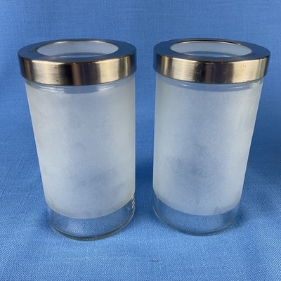 IKEA DROPPAR (2) Frosted Glass Canisters 7  tall by 4  Very Good Used Condition