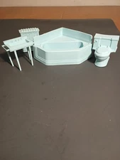Vintage Plastic Dollhouse Blue Bathroom Suite Corner Bath Tub  4 Pieces