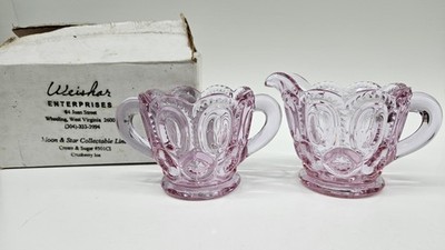 Weishar Moon And Star Glass Cranberry Ice Pink Sugar And Creamer Set 