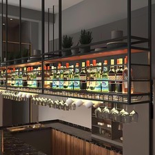 Ceiling Hanging Wine Rack 2-Tier Bar Bottle & Glass Holder Storage Shelf 120cm