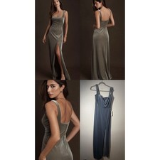 Jenny Yoo Velvet Maxi Gown Square Neck Cowl Front Slit Blue Grey Size 8 NEW