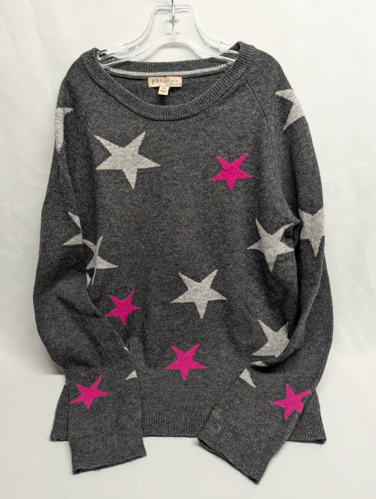 Philosophy 100% Cashmere Gray w/ Pink/silver Stars Women Sweater Sz XS preppy