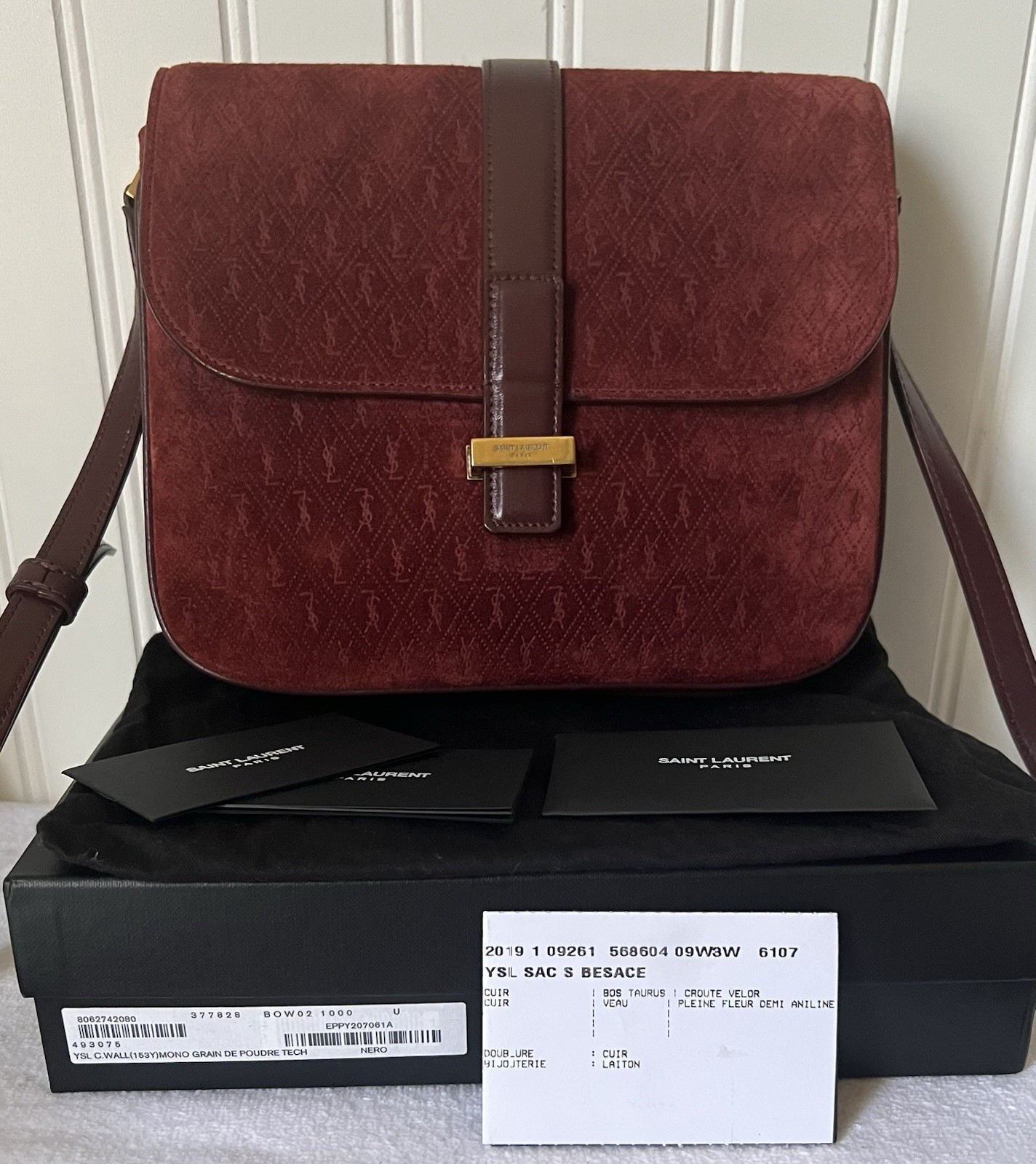Borsa Saint Laurent YSL bordeaux scamosciata monogramma borsa a tracolla in pelle