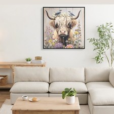 Farmhouse Highland Cow Canvas Wall Art Neutral Camel Brown Rustic Chrysanthemum