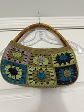 Unbranded Y2K Flower Crochet Bamboo Handle Bag Made In Nepal 100 Cotton Lining
