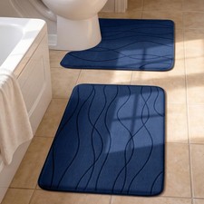 2 PCS Navy Blue Memory Foam Bathroom Rug Set U Shaped Mat Soft Absorbent