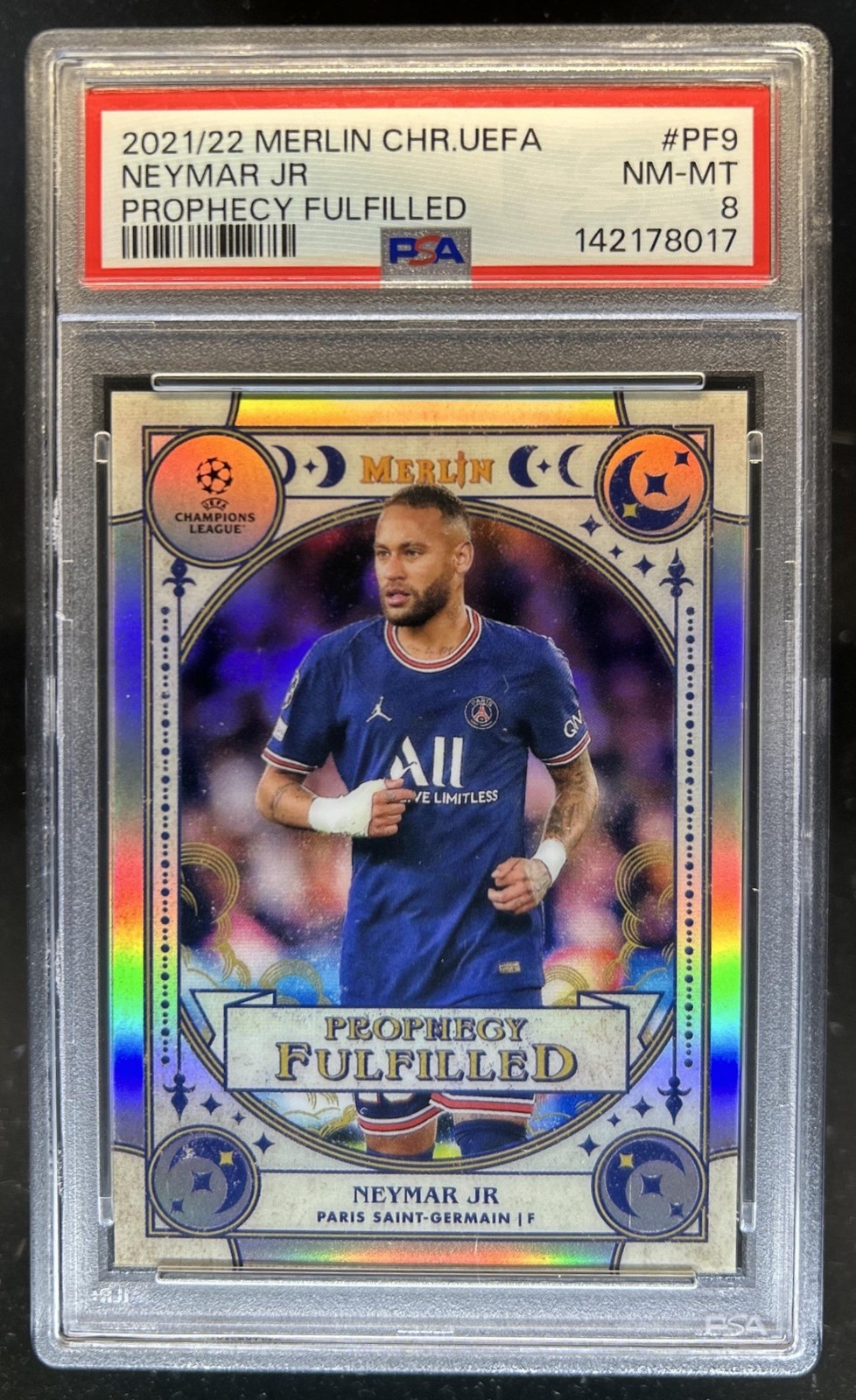 2021-22 Topps Merlin Chrome UEFA Neymar Jr Prophecy Fulfilled #PF-9 PSG PSA 8