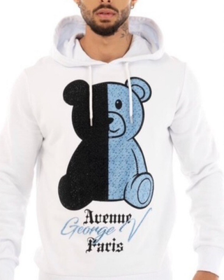 Avenue George V Paris Hoodie Rhinestone Teddy Bear Men's White Avenue George V Paris Hoodie Rhinestone Teddy Bear Men's White
