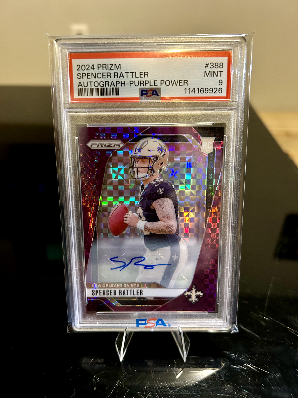 2024 Spencer Rattler Panini Prizm Purple Power Auto /49 (RC) Saints PSA 9