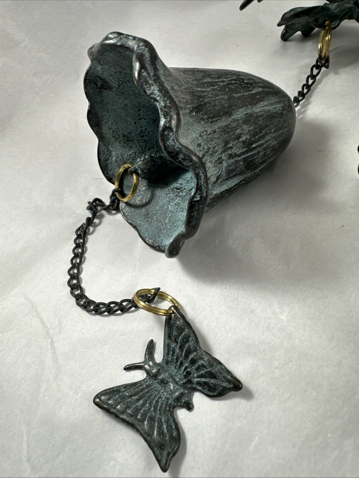 Vintage Cast Metal Dinner Bell Green Patina Bird Wall Hanging Country Farmhouse