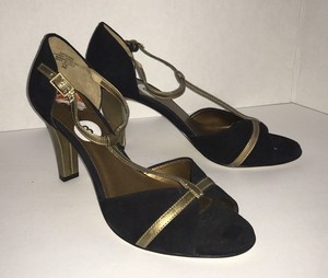Women AK Anne Klein Suede Black Gold T-strap Leather Pumps Peep Toe 8 8m Sandals | eBay