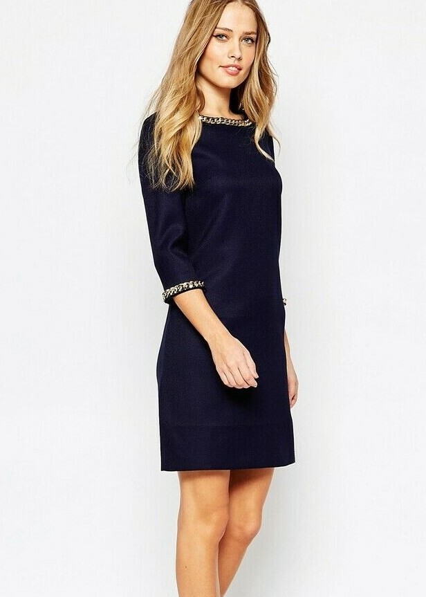 Sold out $350 Ted Baker Hadim Yellow Gold Chain Embellished Dress navy blue sz 3