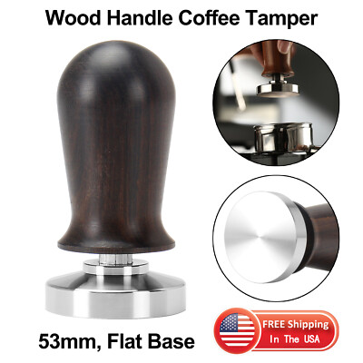 DIBTSA 53mm Espresso Coffee Tamper Stainless Steel Flat Base Wood Handle Spring