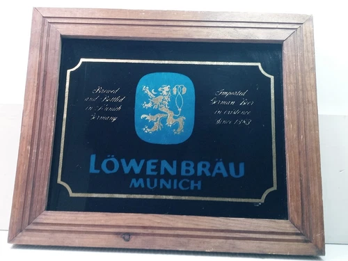 LOWENBRAU MUNICH Beer Sign Man Cave FRAMED GLASS Picture Vintage 12” x 10”