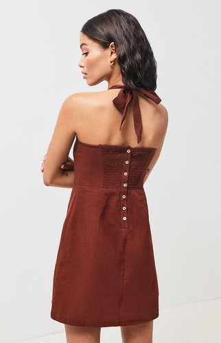 Kendall & Kylie PacSun Women's Brown Button Back Halter Linen Shift Dress New - Picture 2 of 7