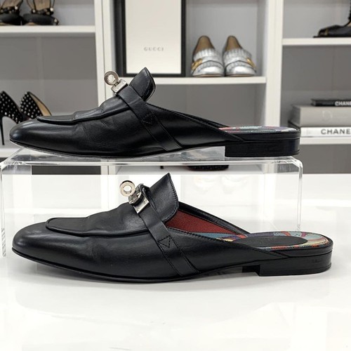 HERMES Leather Sandals Flat Shoes size 37 Black Silver Shoes bag - Picture 3 of 24