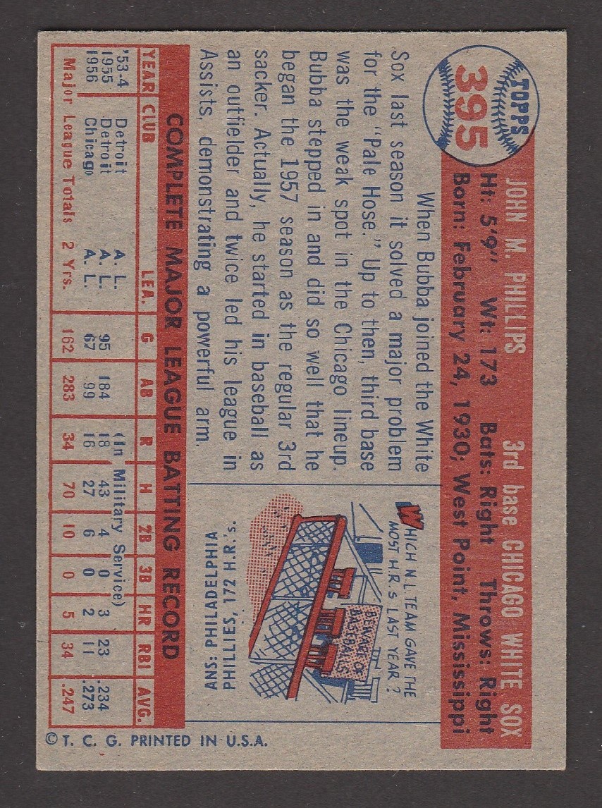 1957 TOPPS BASEBALL # 395 BUBBA PHILLIPS INV J2639 | eBay