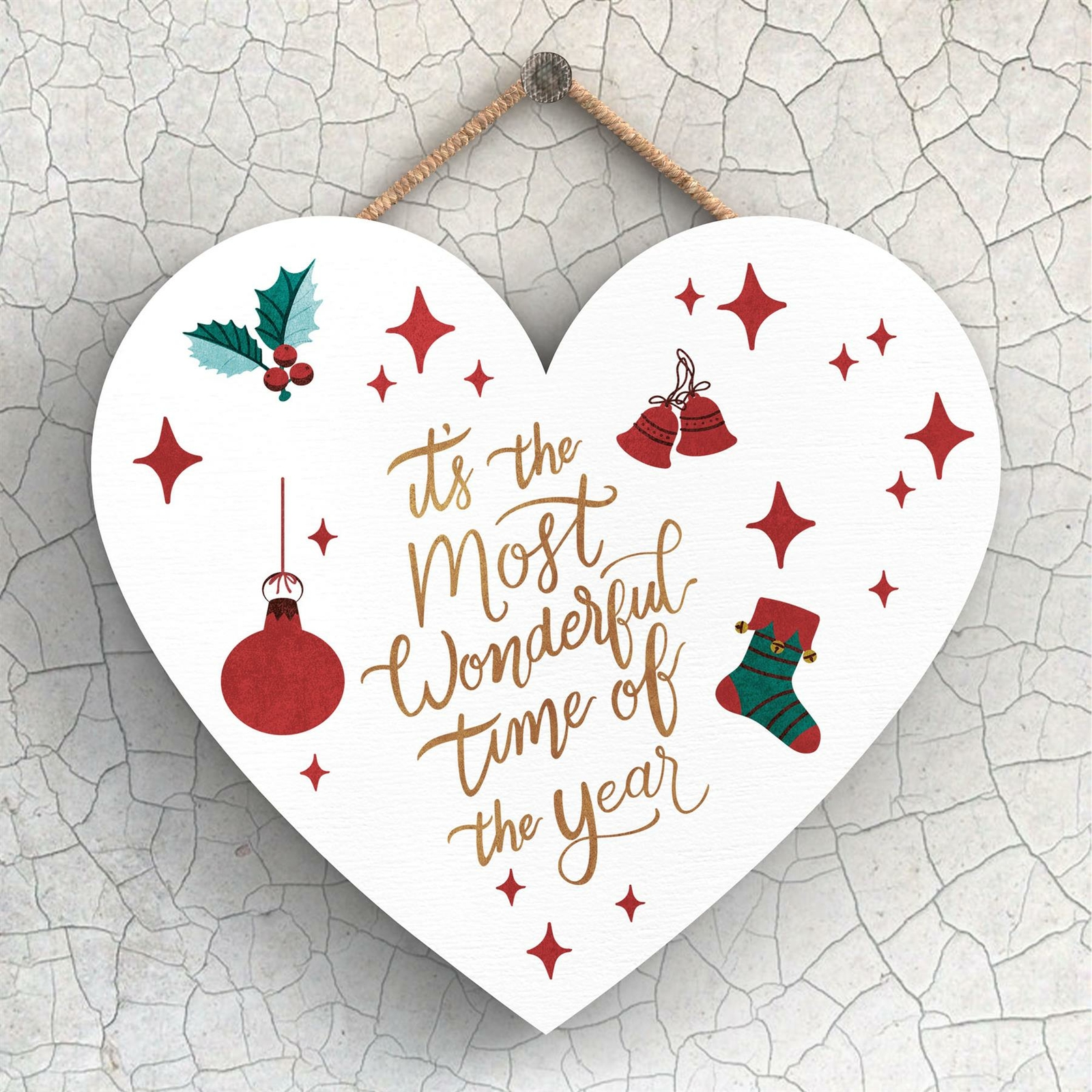 MOST WONDERFUL TIME RED AND GREEN TYPOGRAPHY ON A HEART SHAPED PLAQUE