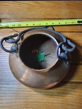 Vintage Antique Hammered Copper Cauldron Kettle Pot W/ Iron Handle 