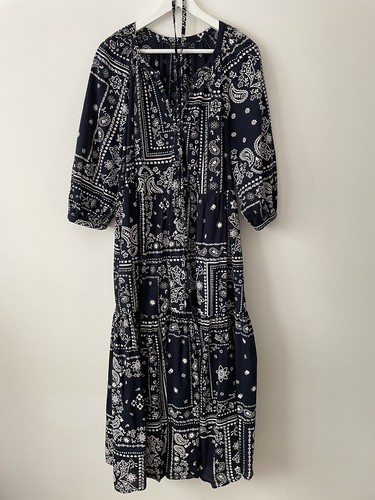 M&S Collection Navy Floral Bandana Print Midi Tiered Dress 3/4 Sleeves Size 14 - Picture 3 of 5
