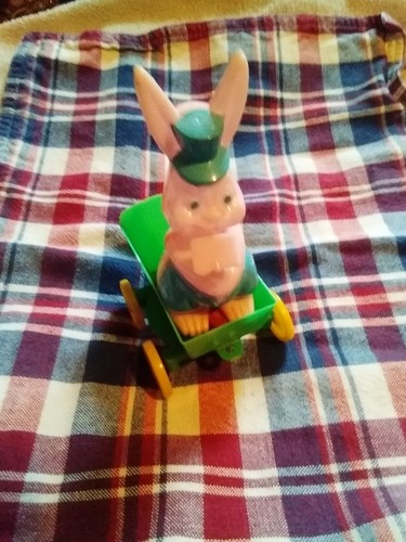Easter Bunny in cart hard plastic toy vintage 1950,s