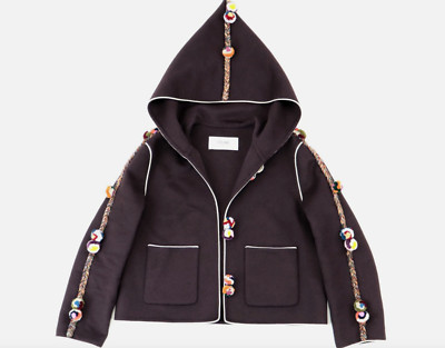 CELINE Brown Chasseur cashmere jacket with multicolor Pom Poms size 36 so chic