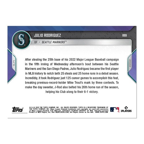 2022 Topps NOW #899 ⚾️ Julio Rodriguez RC ⚾️ Seattle Mariners ⚾️ 25 HR 25 SB - Picture 2 of 2