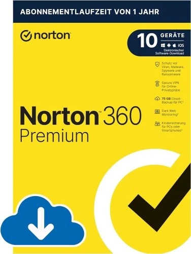 Symantec Norton 360 Premium inkl. 75 GB, 10 Geräte, 1 oder 2 Jahre, Blitzversand - Bild 1 von 1