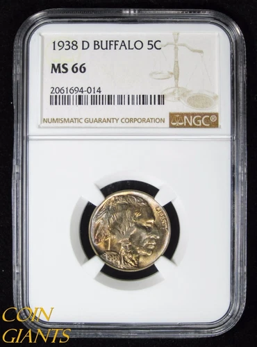 1938-D Buffalo Nickel NGC MS 66 Key Date GEM BU UNC Coin RARE Indian Toned 5c 
