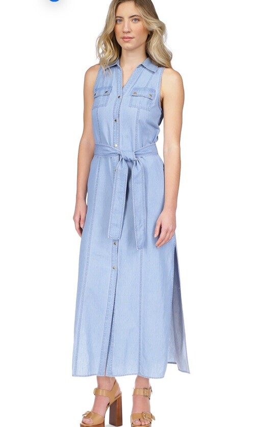 denim dress with skirt MO&Co. Women's Back Slit Denim Dress with Straps Blue Size M