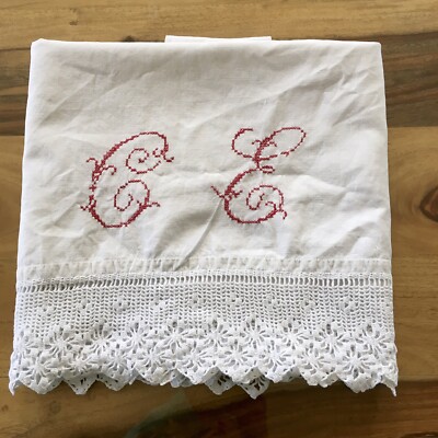 Monogramed  CE  Table Topper cotton embroidery red letters 50  by 32.5 