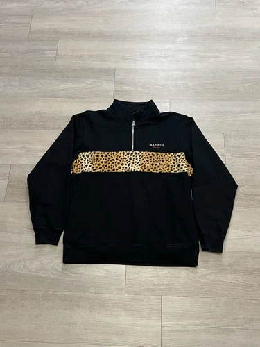 Pull pull homme Supreme FW18 noir panneau léopard coton 1/2 fermeture éclair taille L