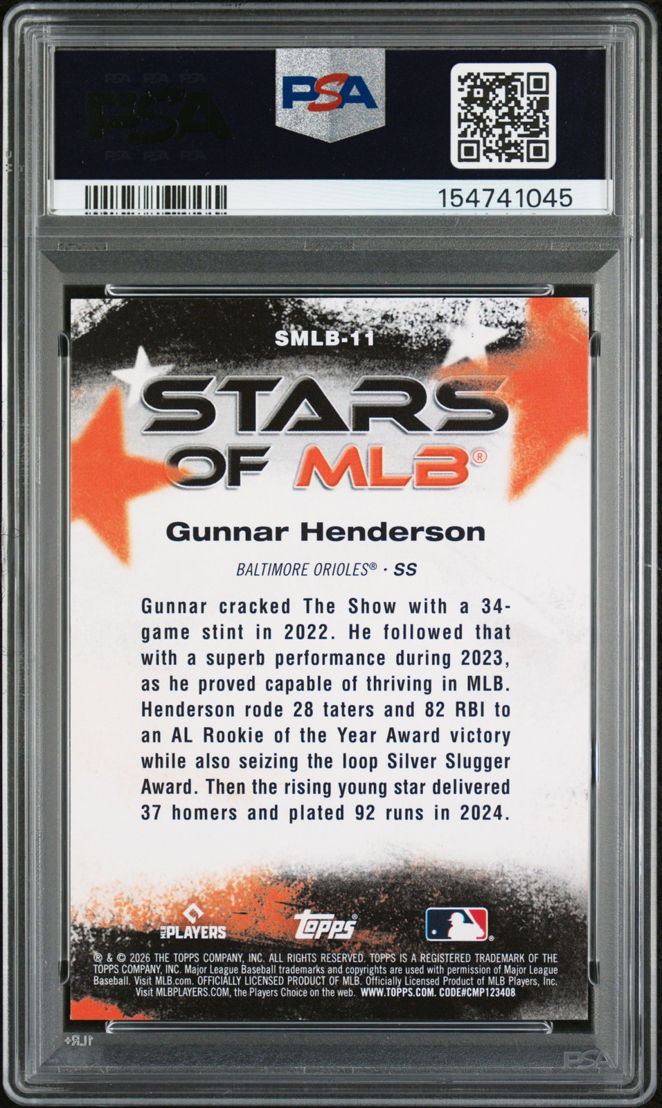 2026 TOPPS STARS OF MLB #11 GUNNAR HENDERSON PSA 9 view 2