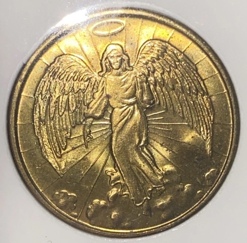 Vintage Gold Tone Guardian Angel Religious Prayer Coin / Medallion Double Sided