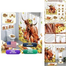 FuWeave 8 Pcs Highland Cow Shower Curtain Sets Bathroom Sunflower Farm Cattle
