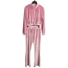 Pink Velvet 2 Piece Tracksuit Set Cropped Zip Jacket & Flare Pants Size L