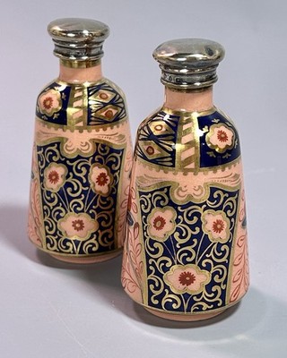 Antique Imari Scent Bottles (2) Birmingham Silver Lids Peach Ground England 19th