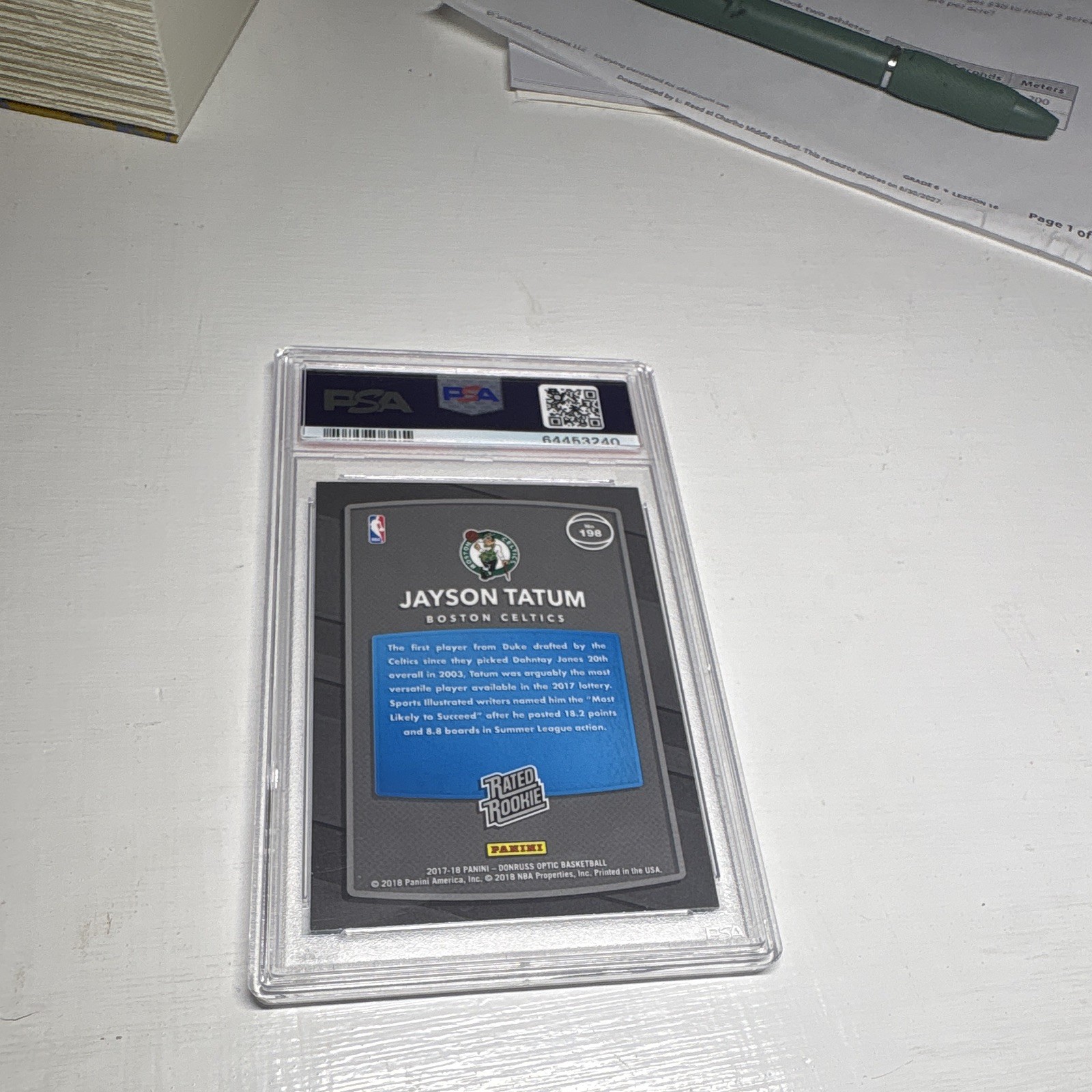 Panini 2017-18 Donruss Optic Rated Rookie Jayson Tatum #198 PSA 10 view 3