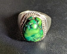 HEFTY VINTAGE NAVAJO GREEN TURQUOISE STERLING SILVER RING SIZE 10 - 10.5 SIGNED