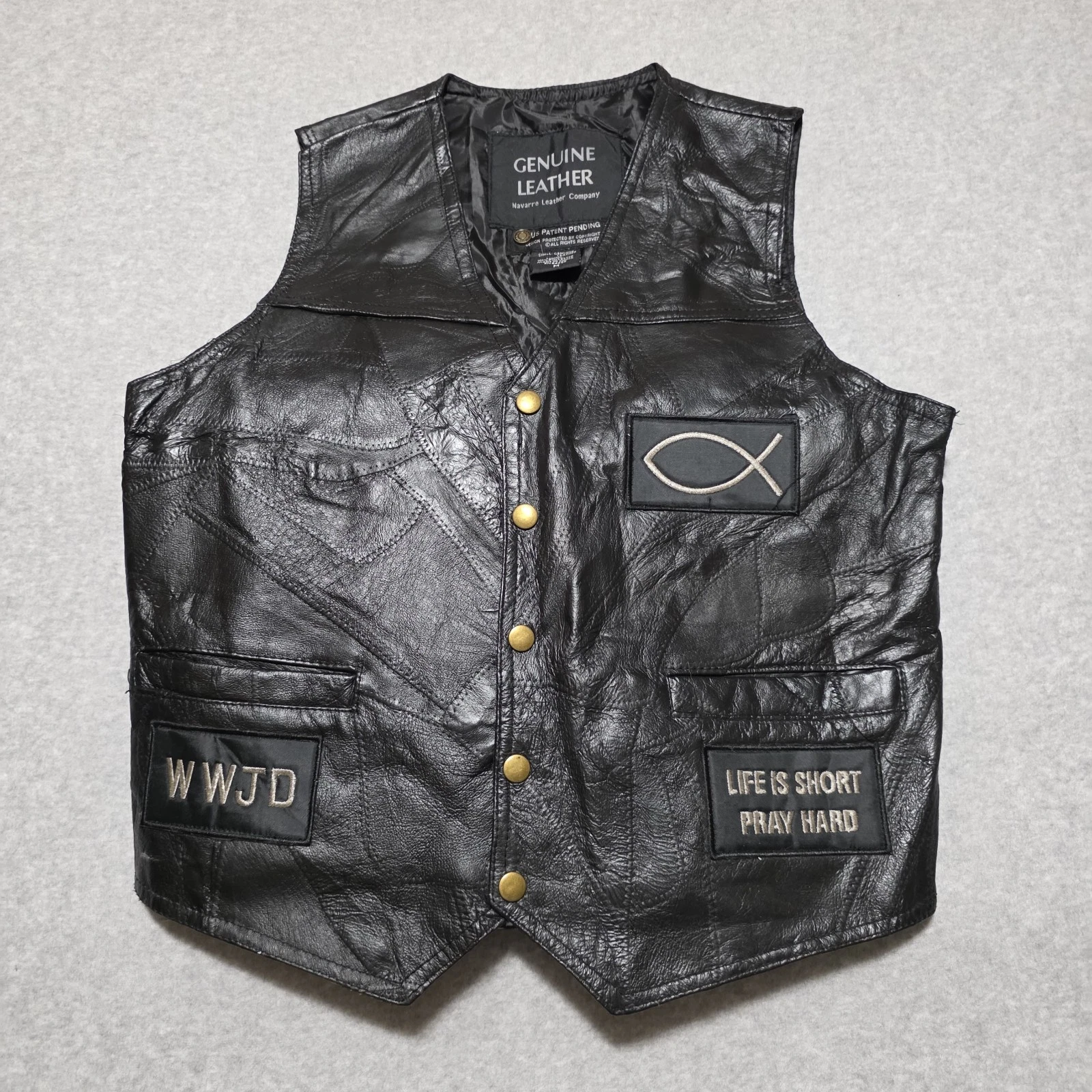 Navarre Leather Company Vest Mens Medium Black WWJD Life Is Short Pray Hard