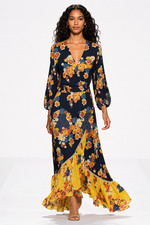 Farm Rio Loretta Black Gold High Low Wrap Maxi Floral Small Beach Resort Boho