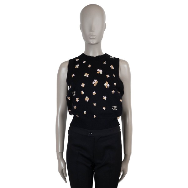 73279 authentisch CHANEL schwarz Kaschmir 24P VIERBLÄTTRIGES KLEEBLATT Weste Pullover 40 M